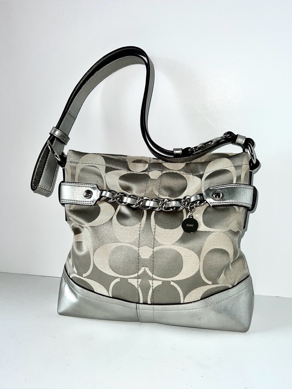 Coach Metallic Silver Signature Jacquard Chain Shoulder Bag Hobo Purse Pink